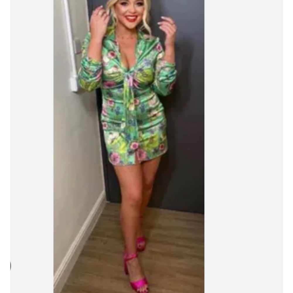 Zara Retro Satin effect green flowered dress